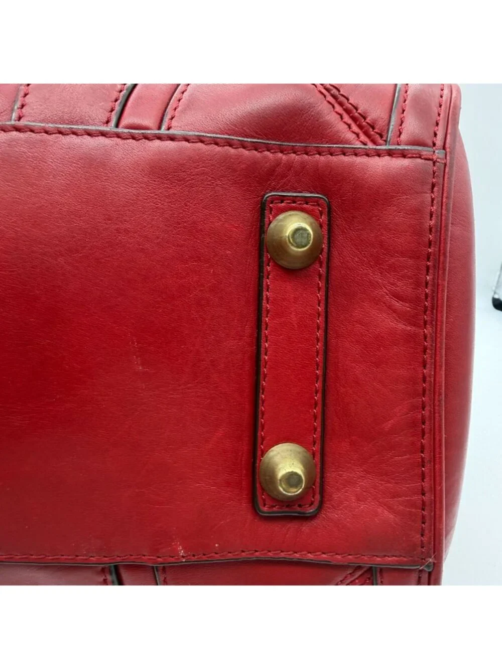 VTG LAMB red leather satchel hand bag Gwen Stefani barrel bag top handle pockets